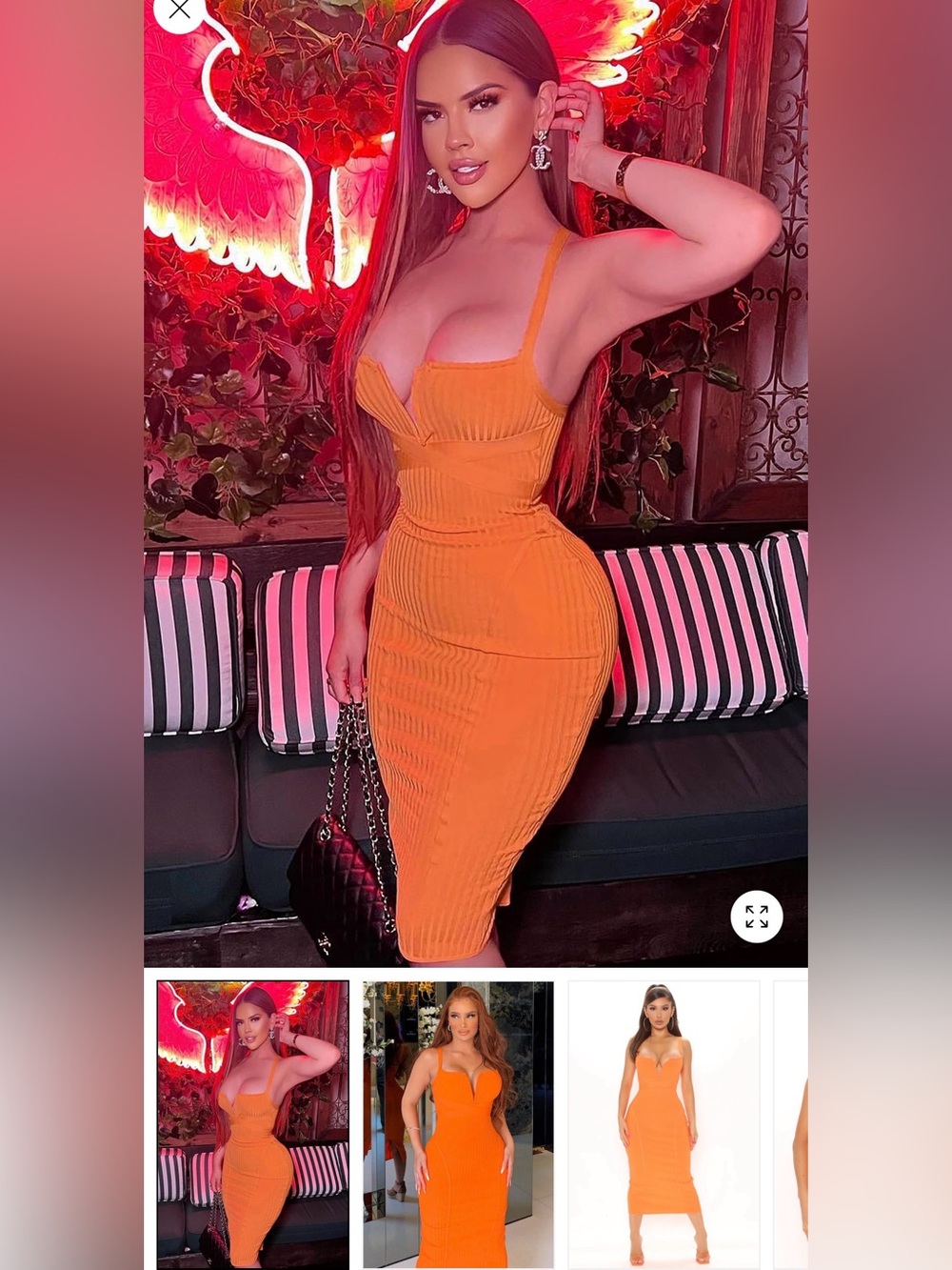 Fashion Nova Orange Ribbed Bodycon Midi Dress